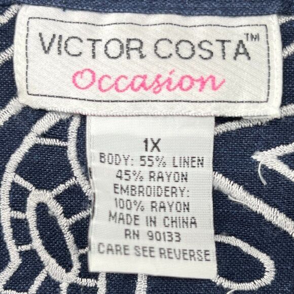 Victor Costa Occasion embroidered Jacket linen paisley Navy Blue White Sz 1X - Picture 13 of 13